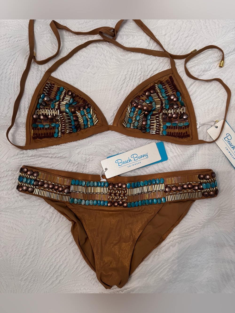 Beach Bunny Brown Bikini Set with Turquoise & Bronze Beading